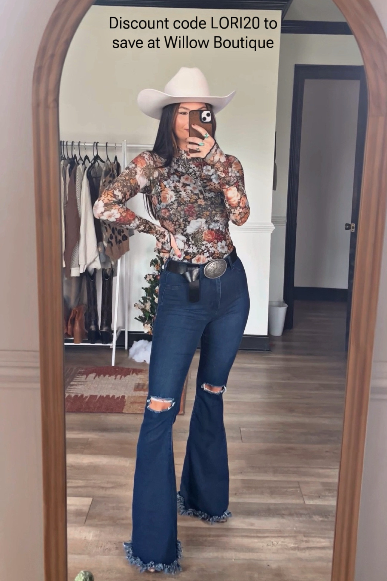 Floral mesh top paired with dark wash Farrah flares, ivory western hat, and belt! Code LORI20 for 20% off top and jeans 

#LTKSeasonal #LTKStyleTip #LTKFindsUnder100