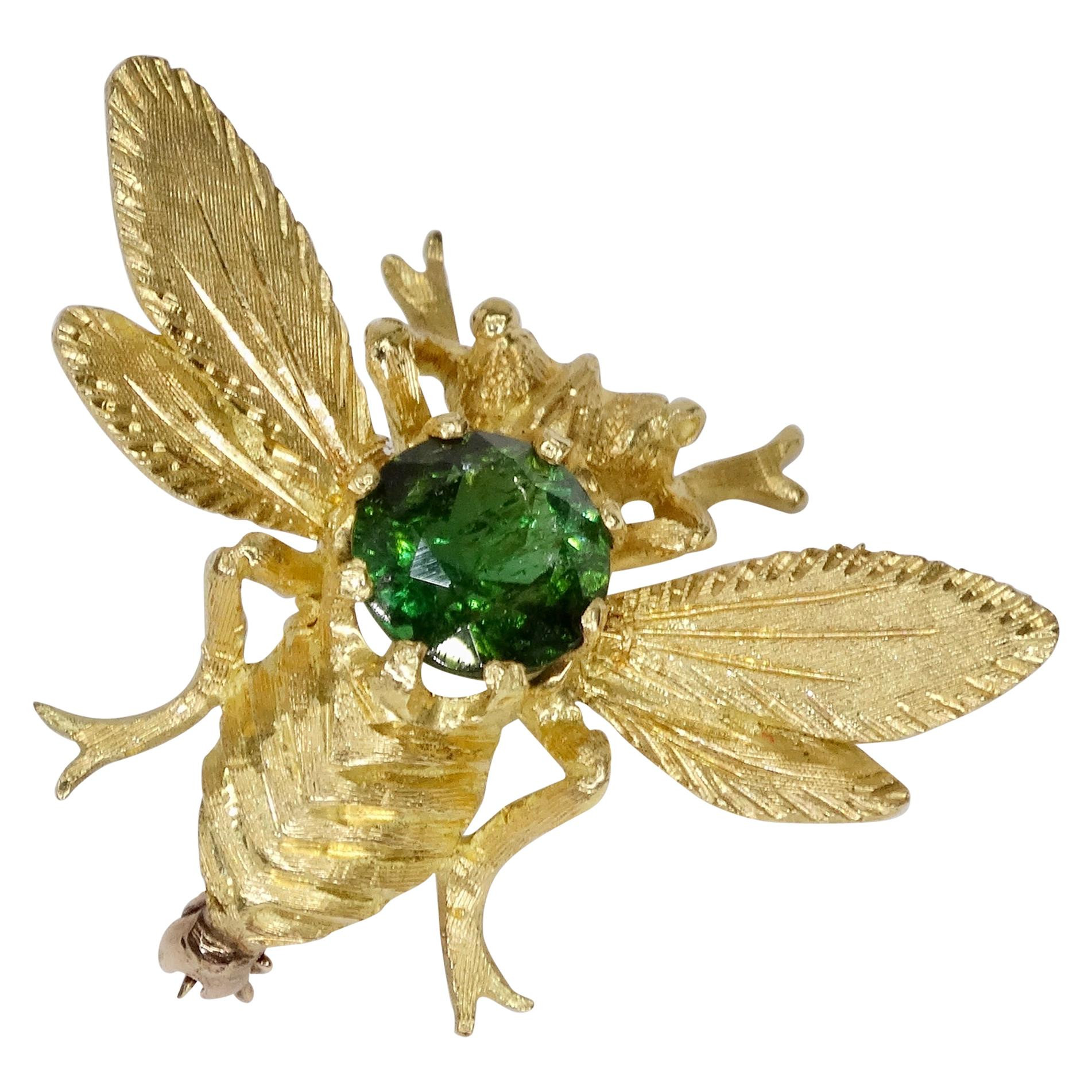 18k Gold Green Tourmaline Bee Pin | 1stDibs
