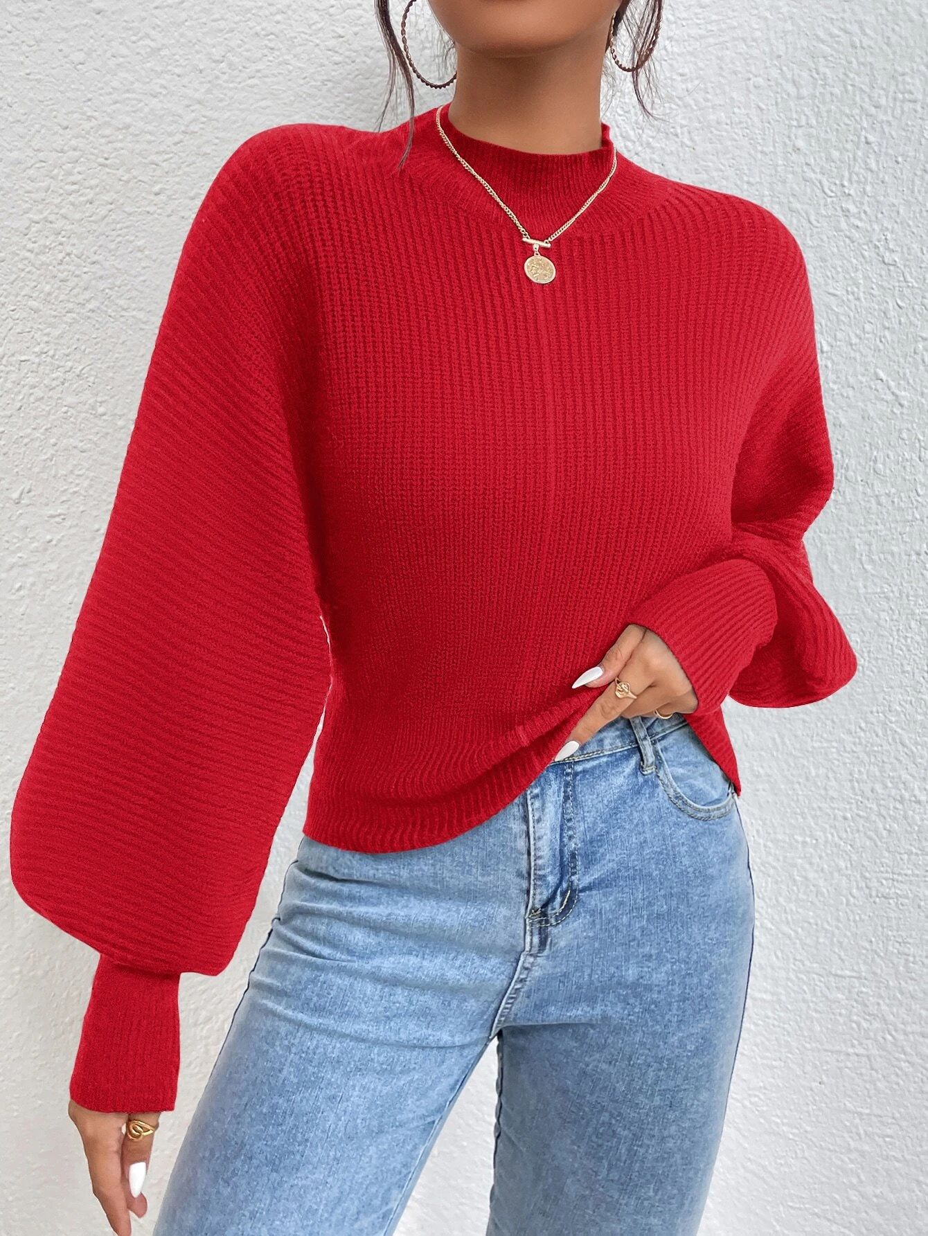 SHEIN Essnce Mock Neck Lantern Sleeve Sweater | SHEIN