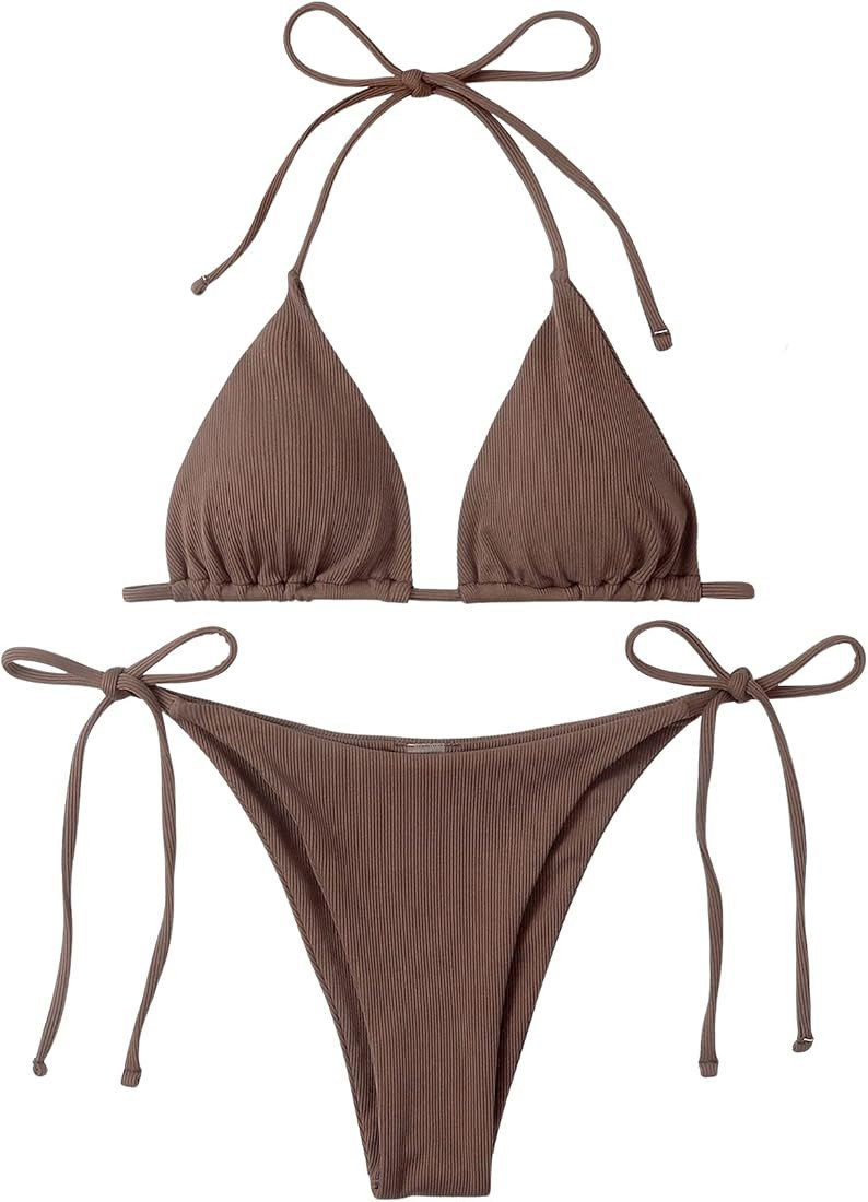 SOLY HUX Women's Metallic Halter Top Two Piece Swimsuit Tie Side Triangle Bikini | Amazon (US)