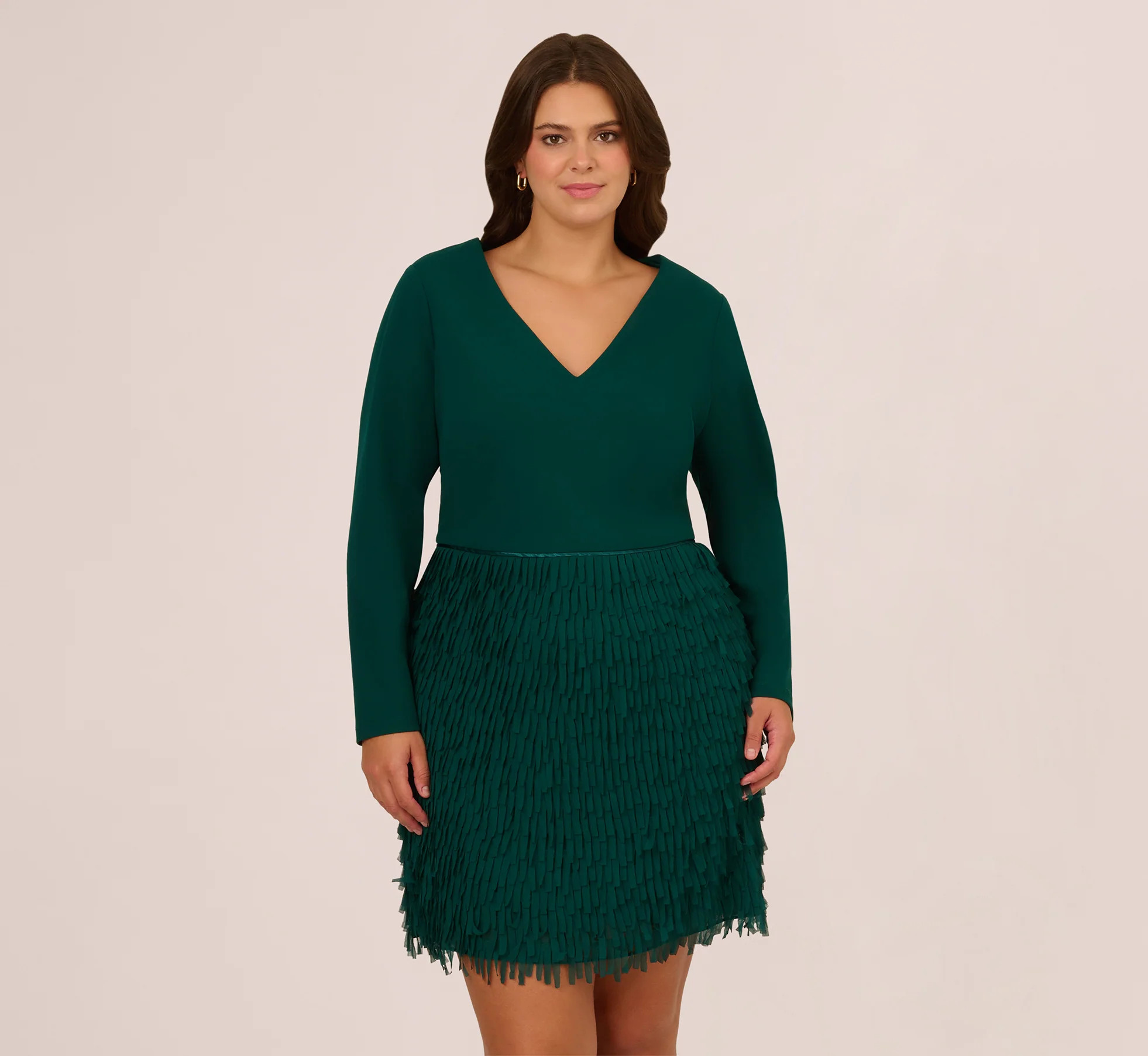 Plus Size Combo Fabric Fringe Mini Dress In Dark Ivy | Adrianna Papell
