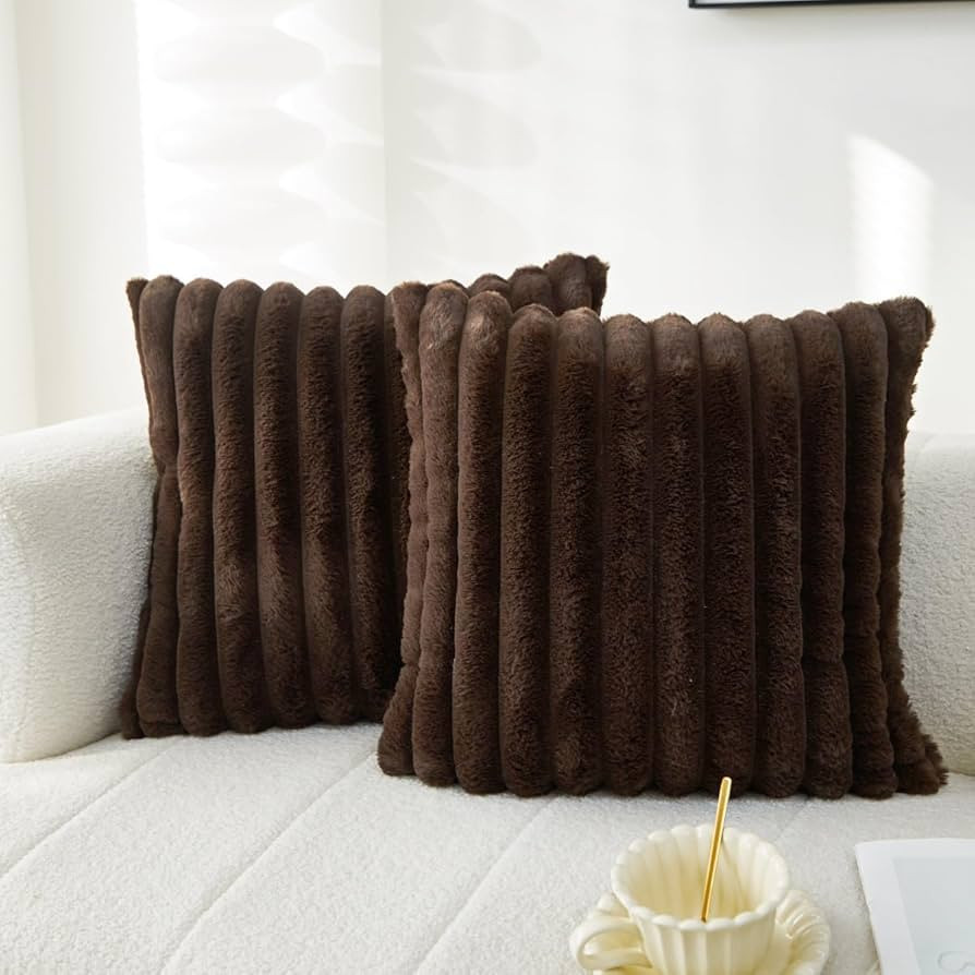 Sunday Praise Double-Sided Faux Fur Plush Throw Pillow Covers 18x18 Inch Set of 2 Dark Brown Stri... | Amazon (US)