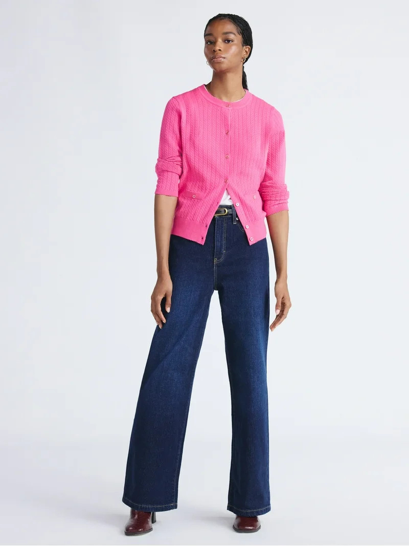 Free Assembly Women's Cozy Yarn Welt Pocket Cable Cardigan Sweater, Midweight, Sizes XS-XXL | Walmart (US)