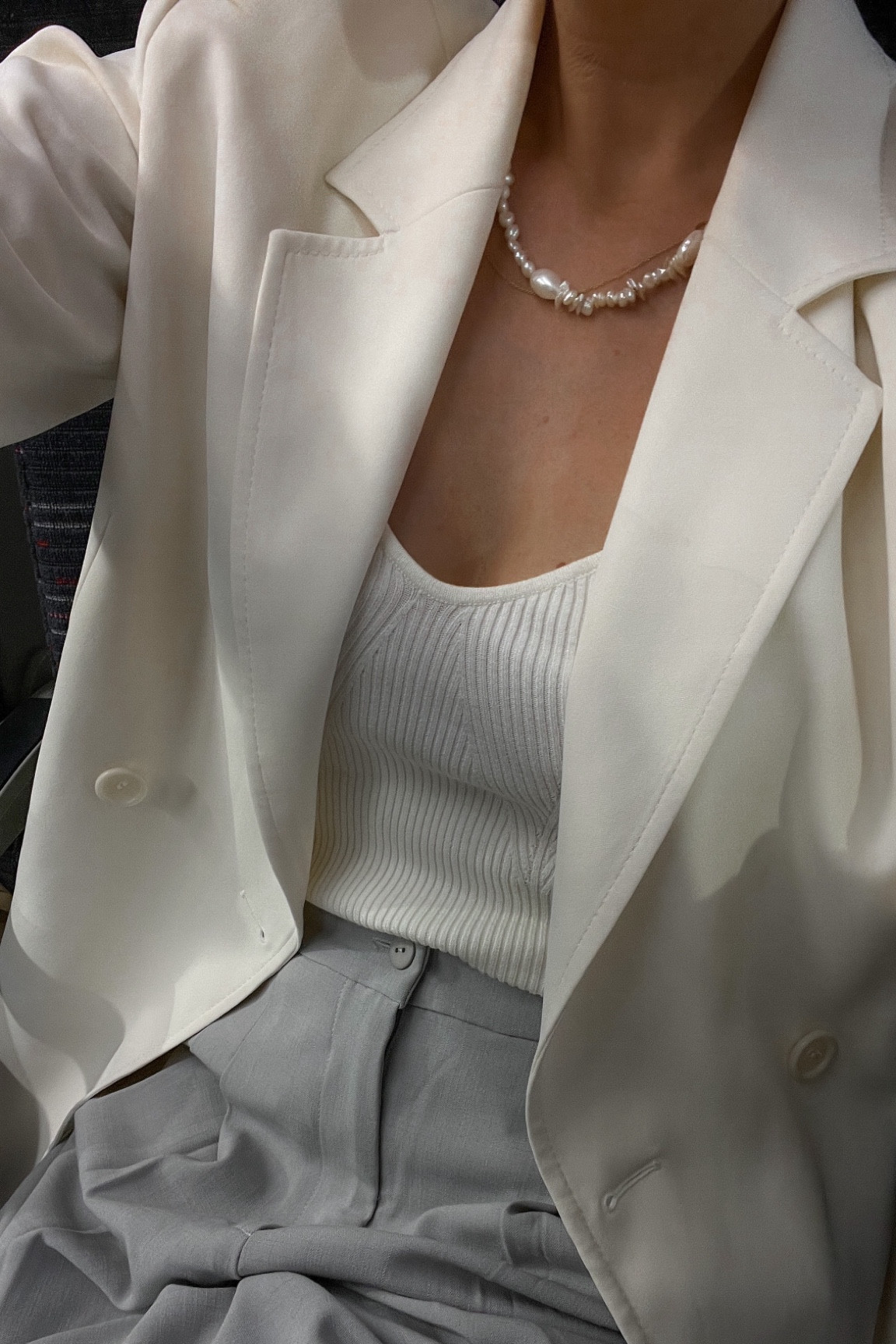 Pearl necklace 
Cream blazer 
Grey trousers
Knitted top
White jacket 
Mango
H&M
Astrid & Miyu
Marks & Spencer 
Spring jacket
Spring outfit 
Tailored trousers
Smart trousers 

#LTKSeasonal #LTKworkwear