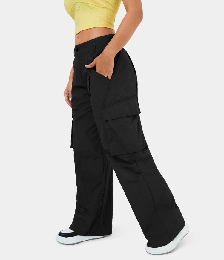 Low Rise Button Zipper Side Pocket Wide Leg Casual Cargo Pants | HALARA