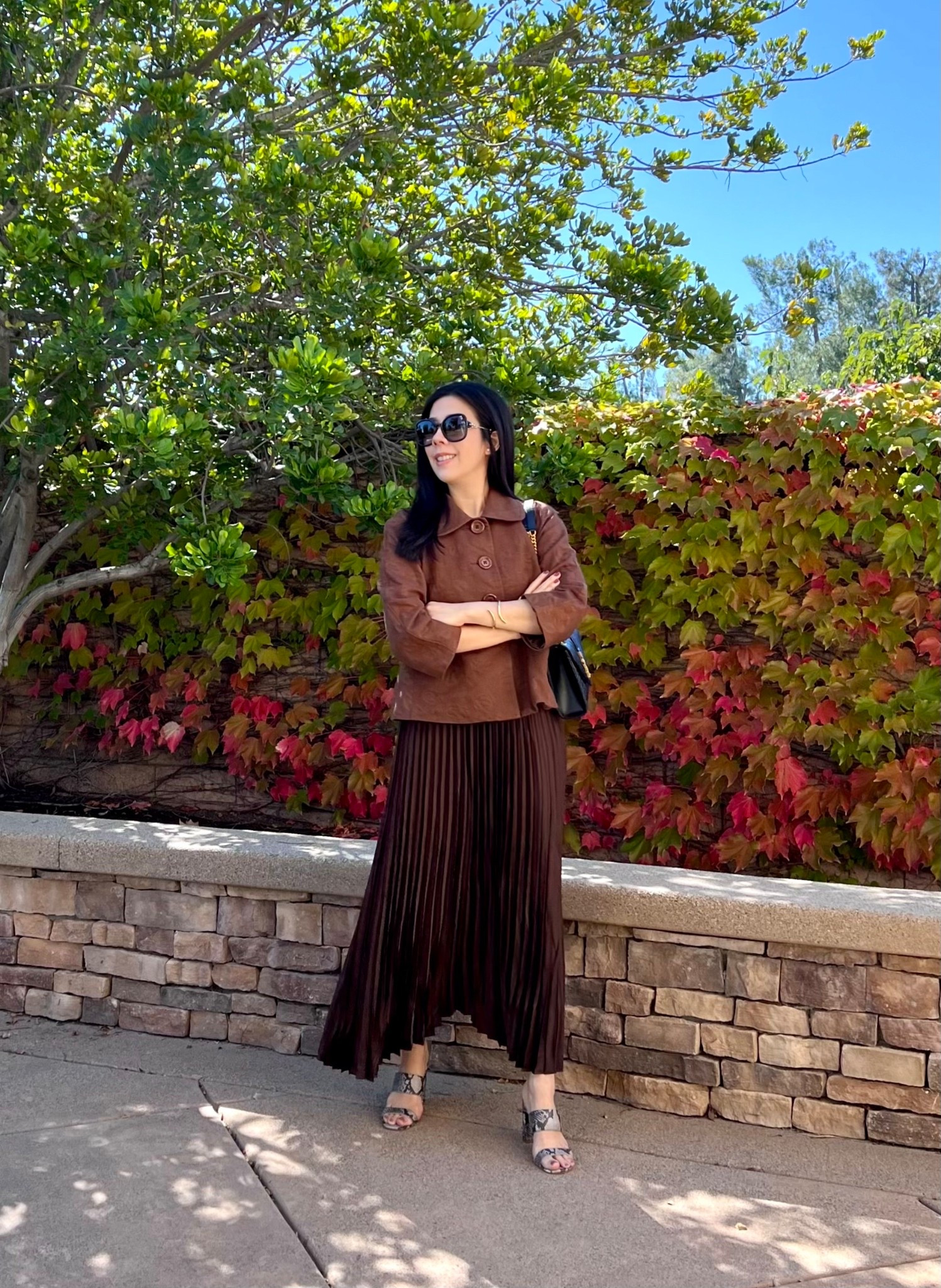 A brown monochromatic look that works equally well for a casual day out as it does for work. I paired this cropped brown floral box jacket with a brown pleated midi dress. Since I did want to break this up a bit, I wore my snakeskin two strap heels. #ootd #monochromatic

#LTKWorkwear #LTKStyleTip #LTKPetite