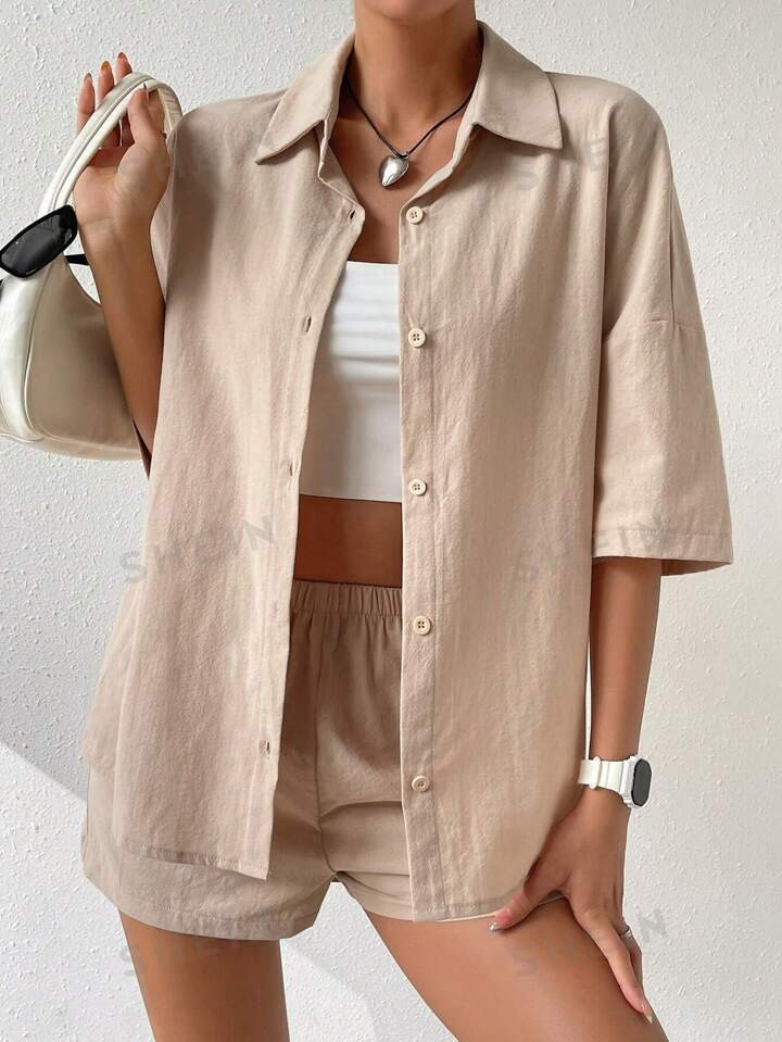SHEIN EZwear Solid Drop Shoulder Shirt & Shorts | SHEIN