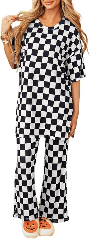 Women 2 Piece Outfits Ribbed Casual Checkered Boxy Sleeve Top and Wide Leg Pants Matching Lounge ... | Amazon (US)
