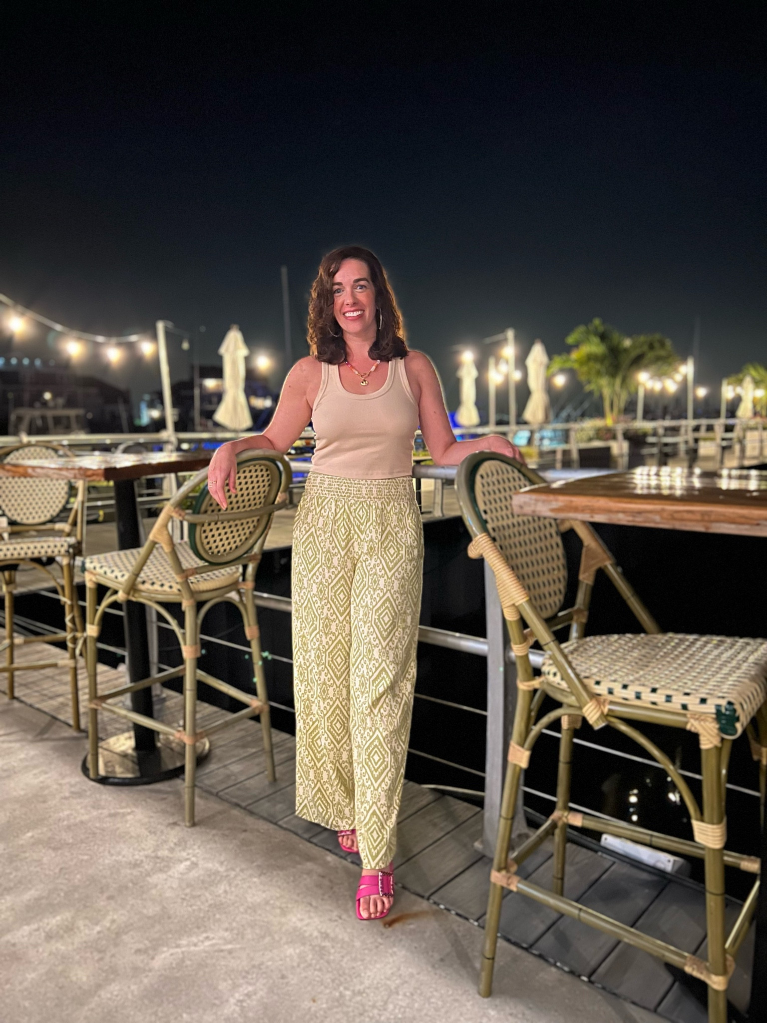 Beige tank (size small). Wide leg green and beige pants (size small). Pink sandals (size 8.5). #tank #cami #beigetank #beigecami #widelegpants #pants #pinksandals #sandals #casualoutfit #summeroutfit 

#LTKStyleTip #LTKShoeCrush #LTKFindsUnder100