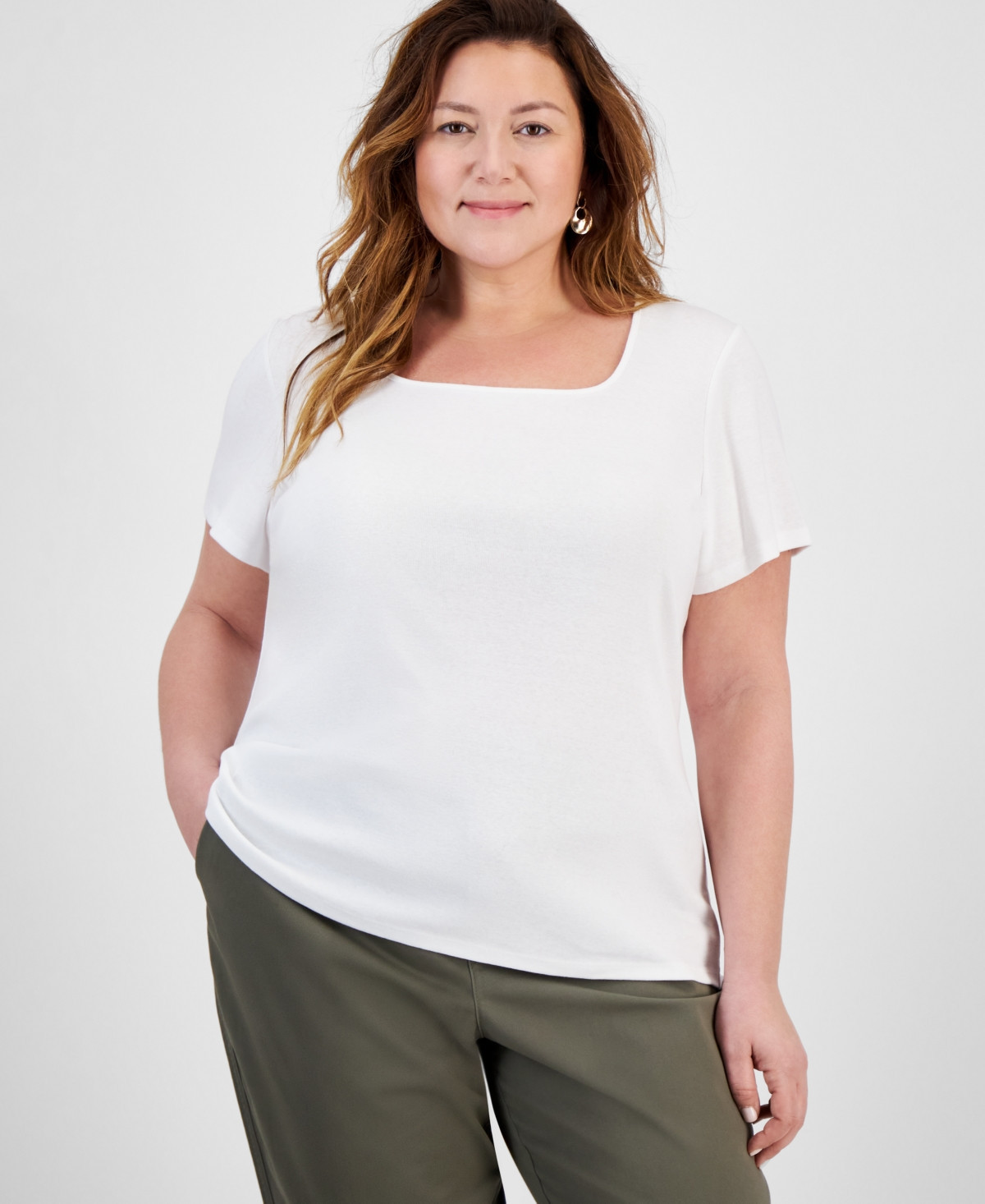 Style & Co Plus Size Short-Sleeve Square-Neck Tee, Exclusively at Macy's - Bright White | Macy's