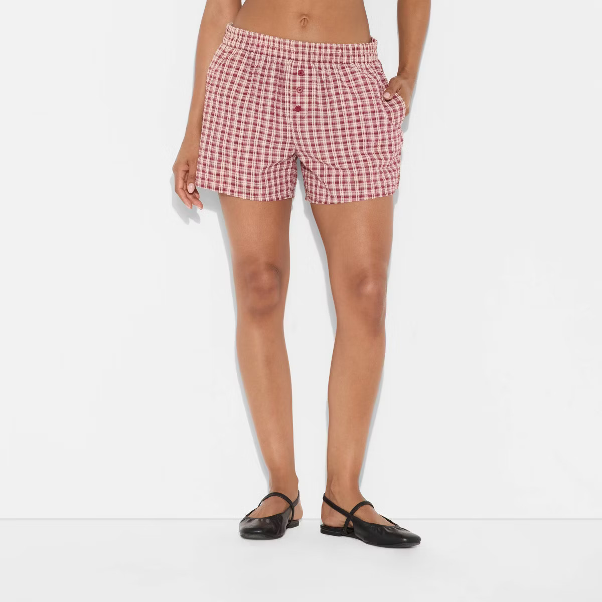 Women's Seersucker Plaid Flannel Graphic Boxer Shorts - Burgundy | Target