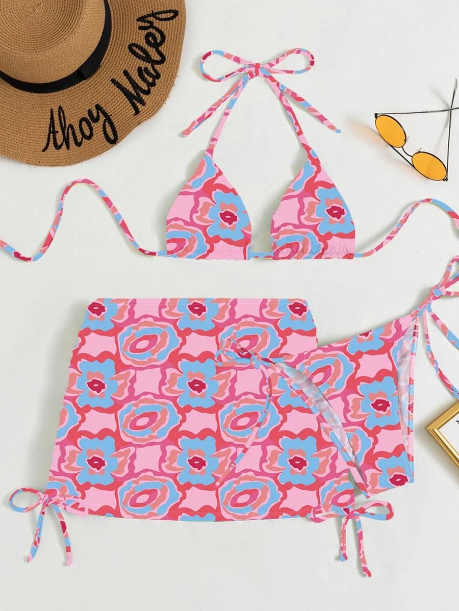 Allover Print Halter Triangle Bikini Swimsuit With Beach Skirt | SHEIN