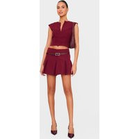 Burgundy Tailored Woven Low Rise Pleated Micro Mini Skirt | PrettyLittleThing US