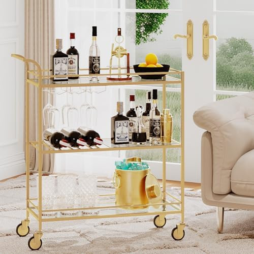 Gold Bar Cart, Home Bar Serving Cart with Handle, Wine Cart with 3-Tier Glass Shelves, Beverage C... | Amazon (US)