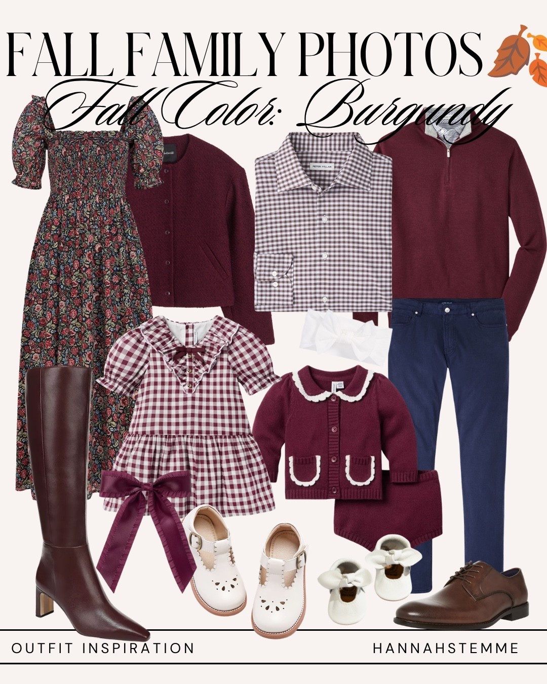 Burgundy Fall Family Photo Outfit Ideas 🍷🍂

Burgundy is one of my favorite colors for fall family pictures because it photographs beautifully and works so well with navy, cream and chocolate brown.

This coordinated family photo color palette mixes a floral maxi dress for mom, burgundy layers, gingham for the kids, navy pants for dad and brown shoes + boots. The prints are different, but repeating the burgundy throughout makes everything feel cohesive.

Perfect if you’re searching for burgundy family photo outfits, fall family picture color schemes or family photo outfit ideas with toddlers and babies.

Shop the entire family look below!

Search terms: burgundy family photo outfits, burgundy fall family pictures, fall family photo color schemes, family picture outfits with baby, family picture outfits with toddler, coordinated family outfits