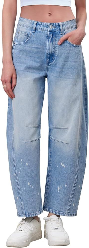 Mid Rise Barrel Jeans for Women Wide Leg Mid Waist Cropped Denim Pants Y2k Baggy Boyfriend Jeans ... | Amazon (US)