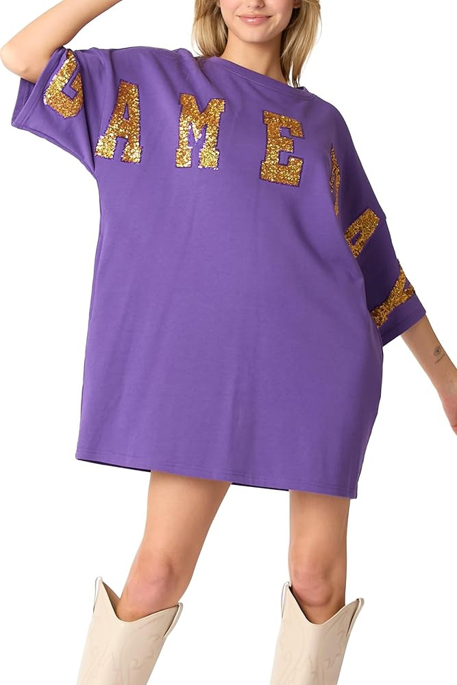 Hey Sweetie Women’s ‘Gameday’ Sequin Embroidery Tee Dress – Casual Game Day Outfit with S... | Amazon (US)