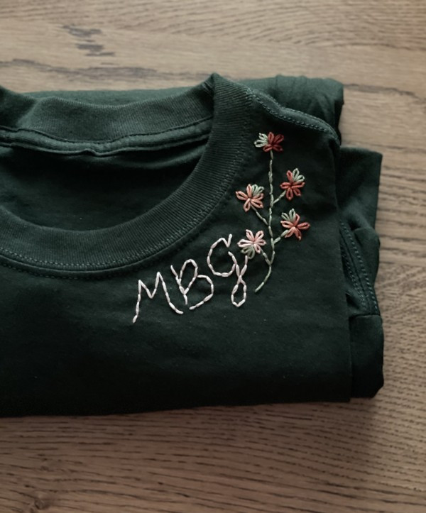 Dark Green Blooming Monogram Long Sleeve T-Shirt | Hibiscus Linens