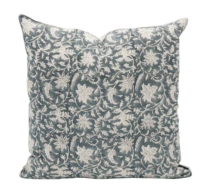 Designer Floral Grey-Blue on Natural Linen Pillow Cover, Grey Pillow cover, Boho Pillow, Decorati... | Etsy (US)
