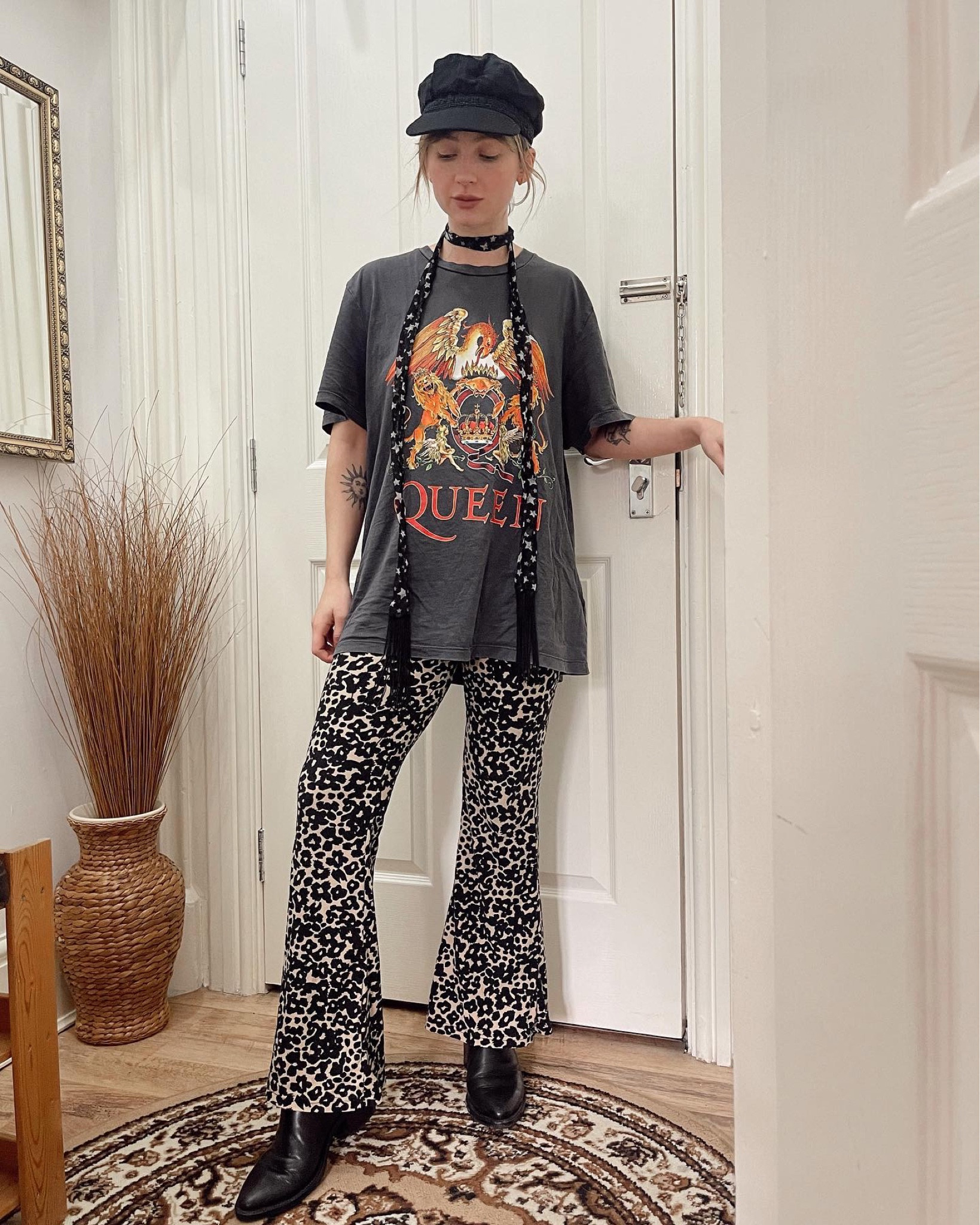 Leopard print flares/band t shirt/skinny scarf/queen/baker boy hat/Chelsea boots/70s style/seventies outfit 

#LTKunder50 #LTKFind #LTKSeasonal