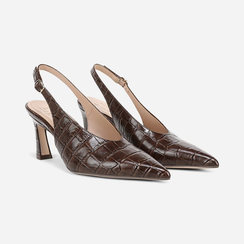 27 EDIT Elaine Slingback Dress Shoes, Brown Croco Print Leather, 8.0W Pointed Toe, Strap, Rubber Outsole | Naturalizer