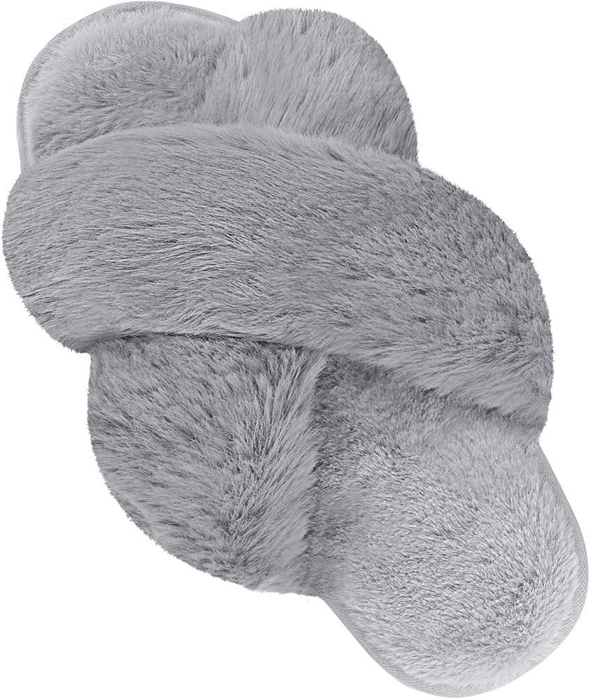 DOIOWN Women's Fuzzy Slippers Cross Band Fluffy Slippers Faux Fur Slippers Plush House Open Toe Cozy | Amazon (US)