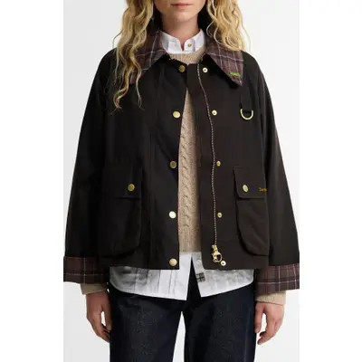 Barbour Icons Tartan Collar Spey Waxed Cotton Jacket in Rustic/muted at Nordstrom, Size 14 | Nordstrom