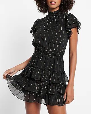 Metallic Mock Neck Short Sleeve Ruffle Tiered Mini Dress | Express