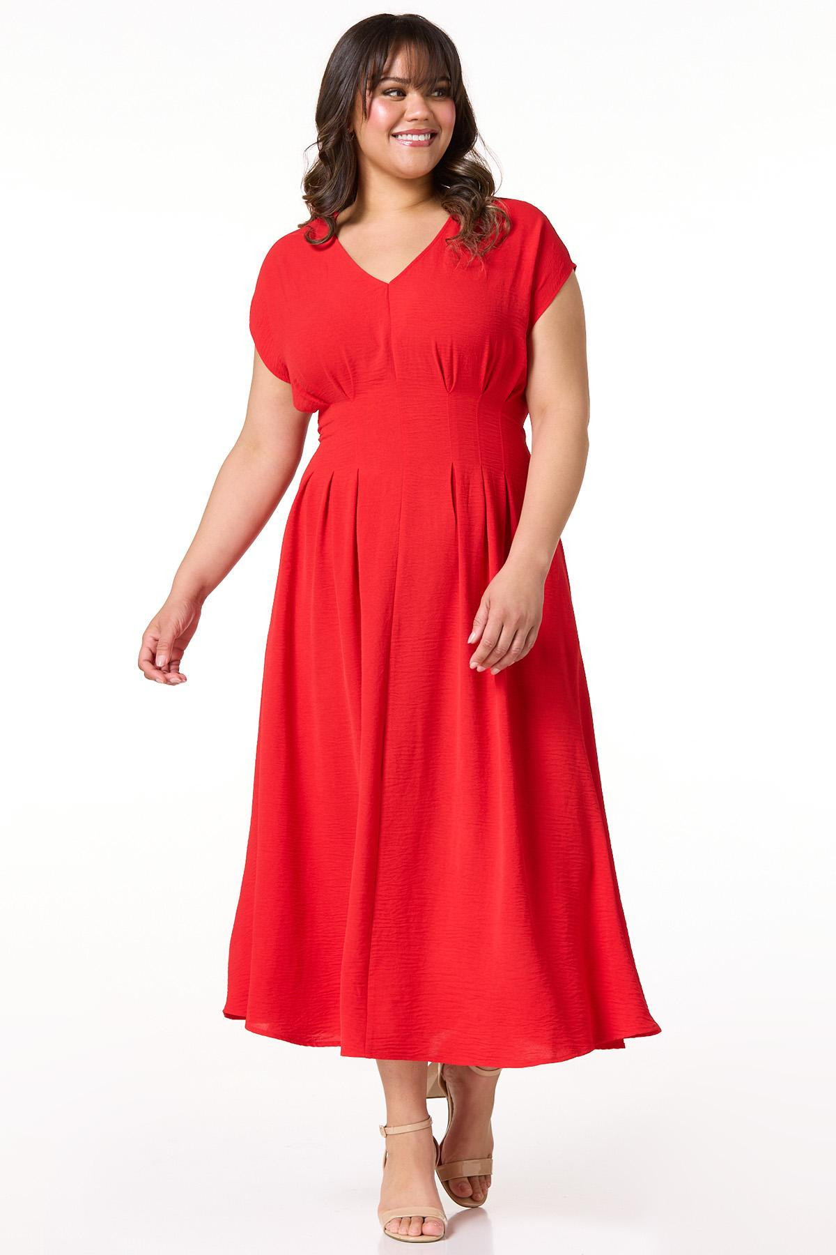 Plus Size Red Pleated Waist Dress - Red | Cato Fashions