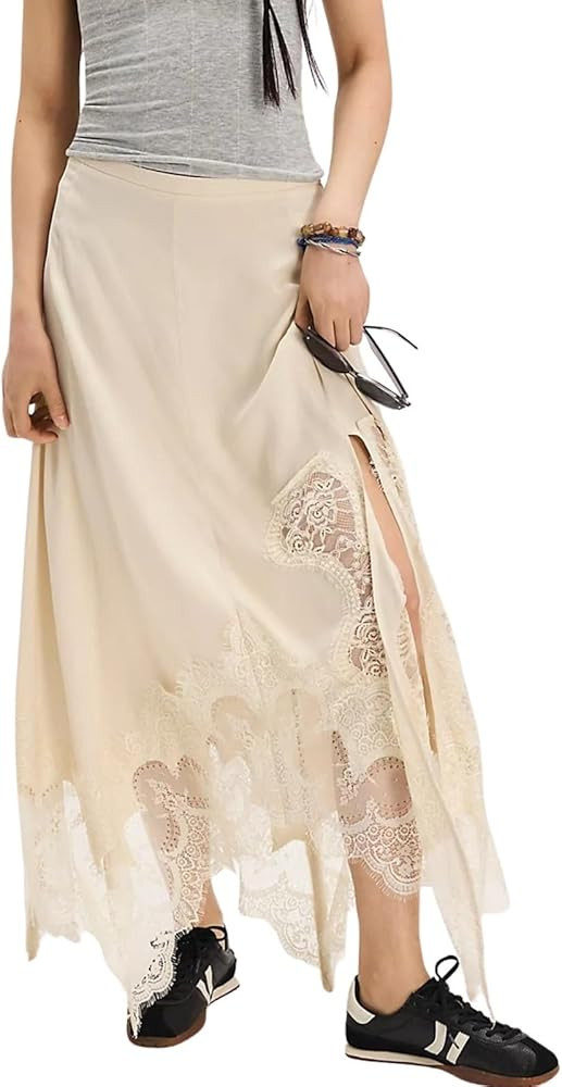 Women Lace Trim Satin Long Skirt Asymmetrical Silk Lace Skirt Elegant Elastic Waist Flowy A Line ... | Amazon (US)