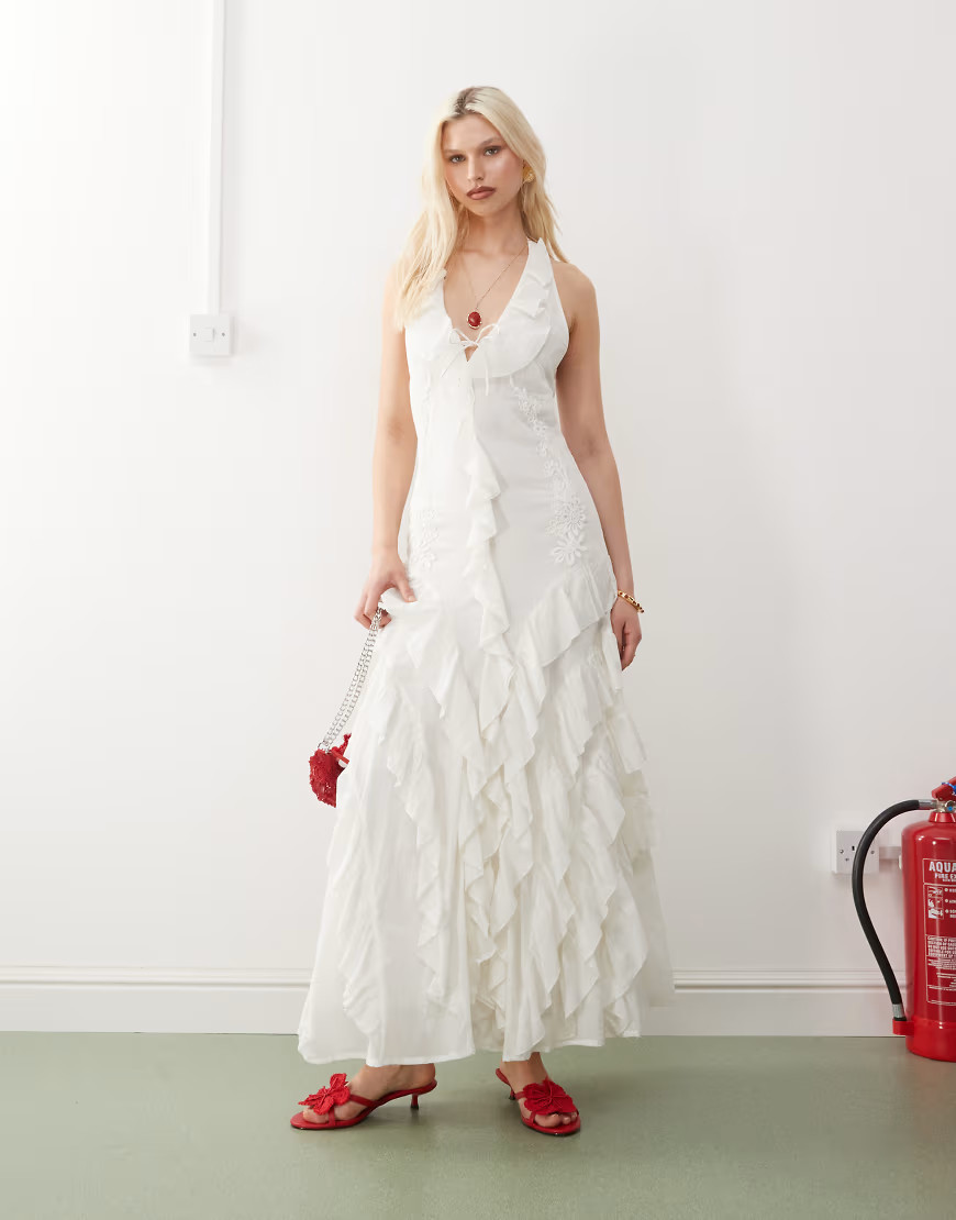 Reclaimed Vintage Limited Edition maxi dress with ruffle details and embroidery in cream-White | ASOS (Global)