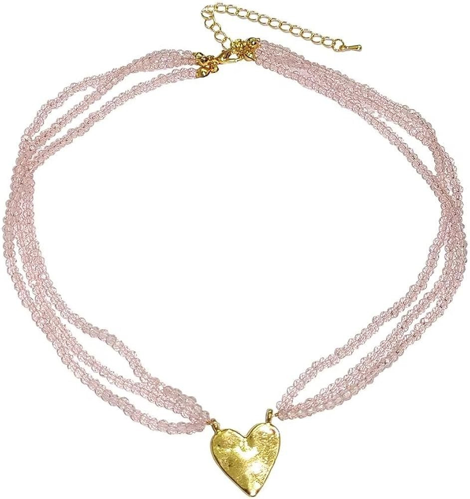 Gold Heart Pendant Necklace Pink Crystal Glass Beads Layered Choker Necklace Trendy Jewelry Gifts... | Amazon (US)