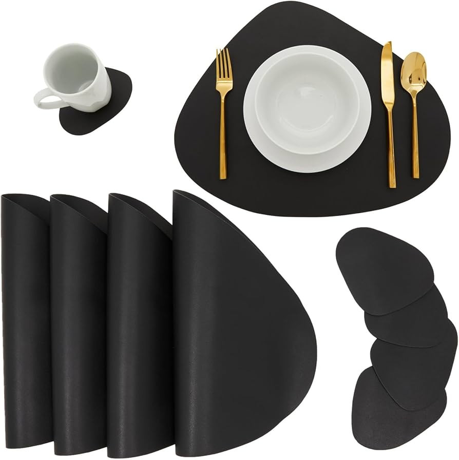 Juvale Set of 4 Wedge Placemats with Matching Coasters for Kitchen, Dining Table (Black, Faux Lea... | Amazon (US)