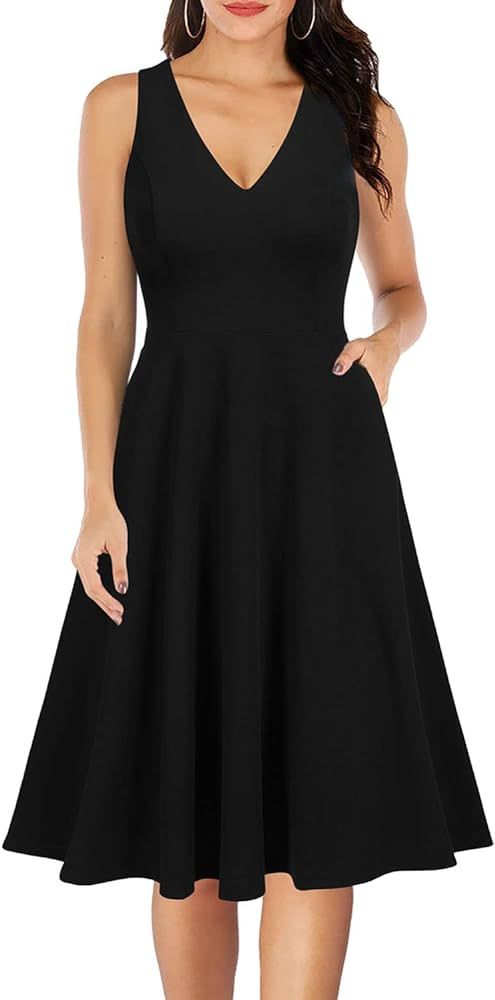 WOOSEA Women's Sleeveless V Neck Vintage Pockets Swing Business Church Dress | Amazon (US)