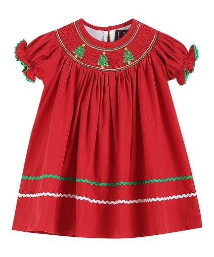 Red Decorated Tree Smocked Bishop Dress - Infant, Toddler &amp; Girls | Zulily