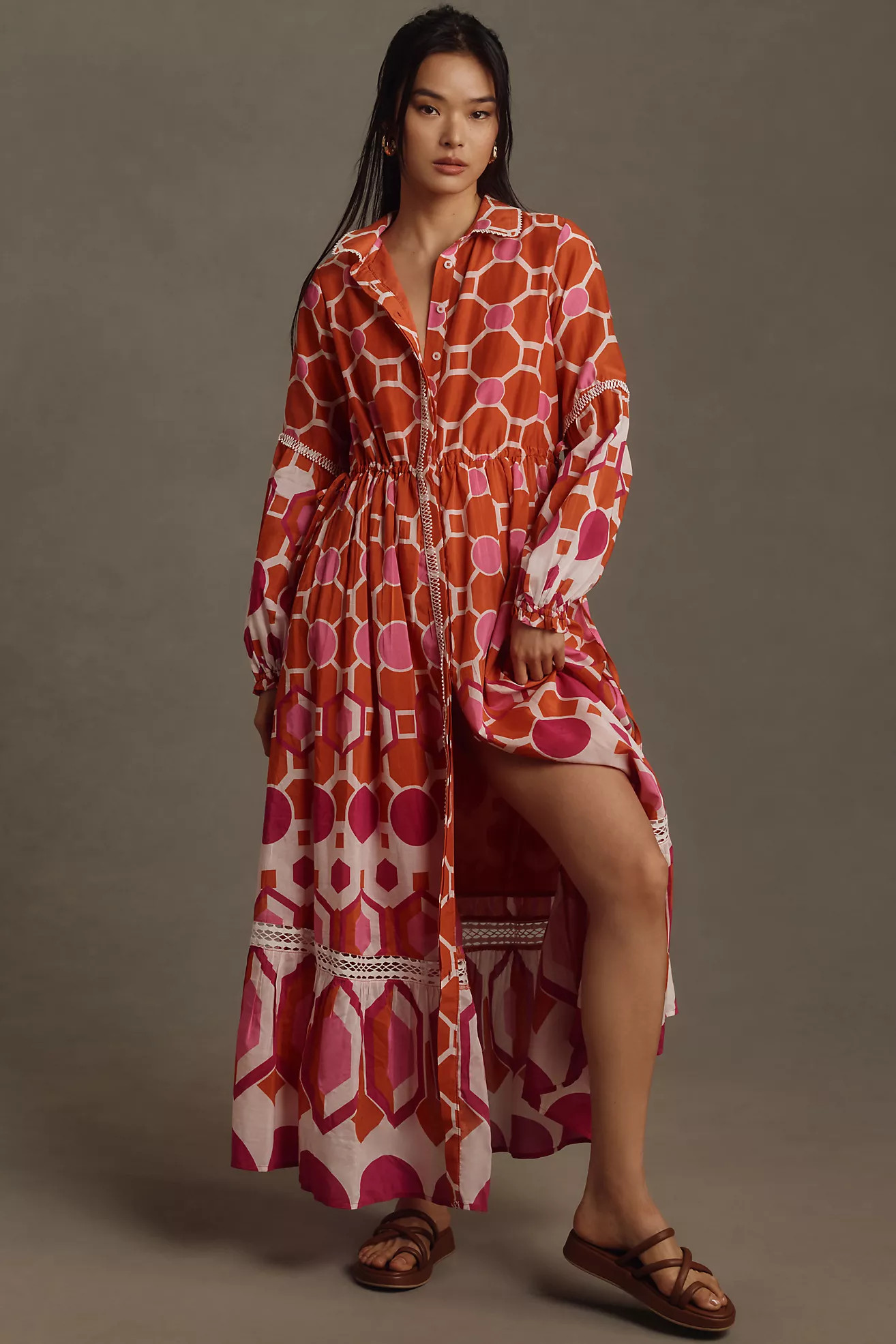 By Anthropologie Long-Sleeve Printed Maxi Shirt Dress | Anthropologie (US)