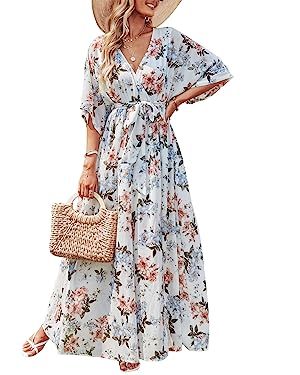 ANRABESS Women’s Summer Loose Kimono Maxi Dress Wrap V Neck 3/4 Sleeve Floral Print Slit Long D... | Amazon (US)