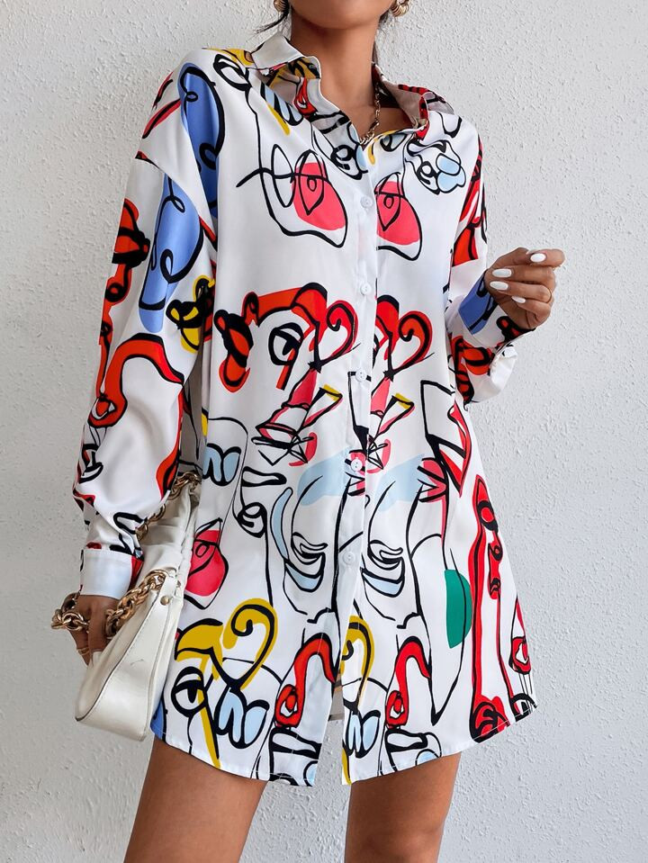 Abstract Figure Graphic Drop Shoulder Shirt Dress Without Belt | SHEIN