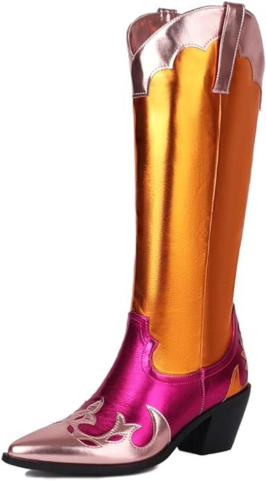 YIYA Women's Multicolor Metallic Pink and Orange Cowgirl Cowboy Knee High Boots Pointed Toe Chunk... | Amazon (US)