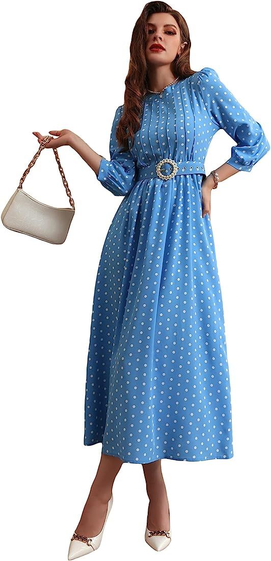 WDIRARA Women's Polka Dots Puff 3/4 Sleeve A Line Pleated Belted Flare Cocktail Long Dress | Amazon (US)