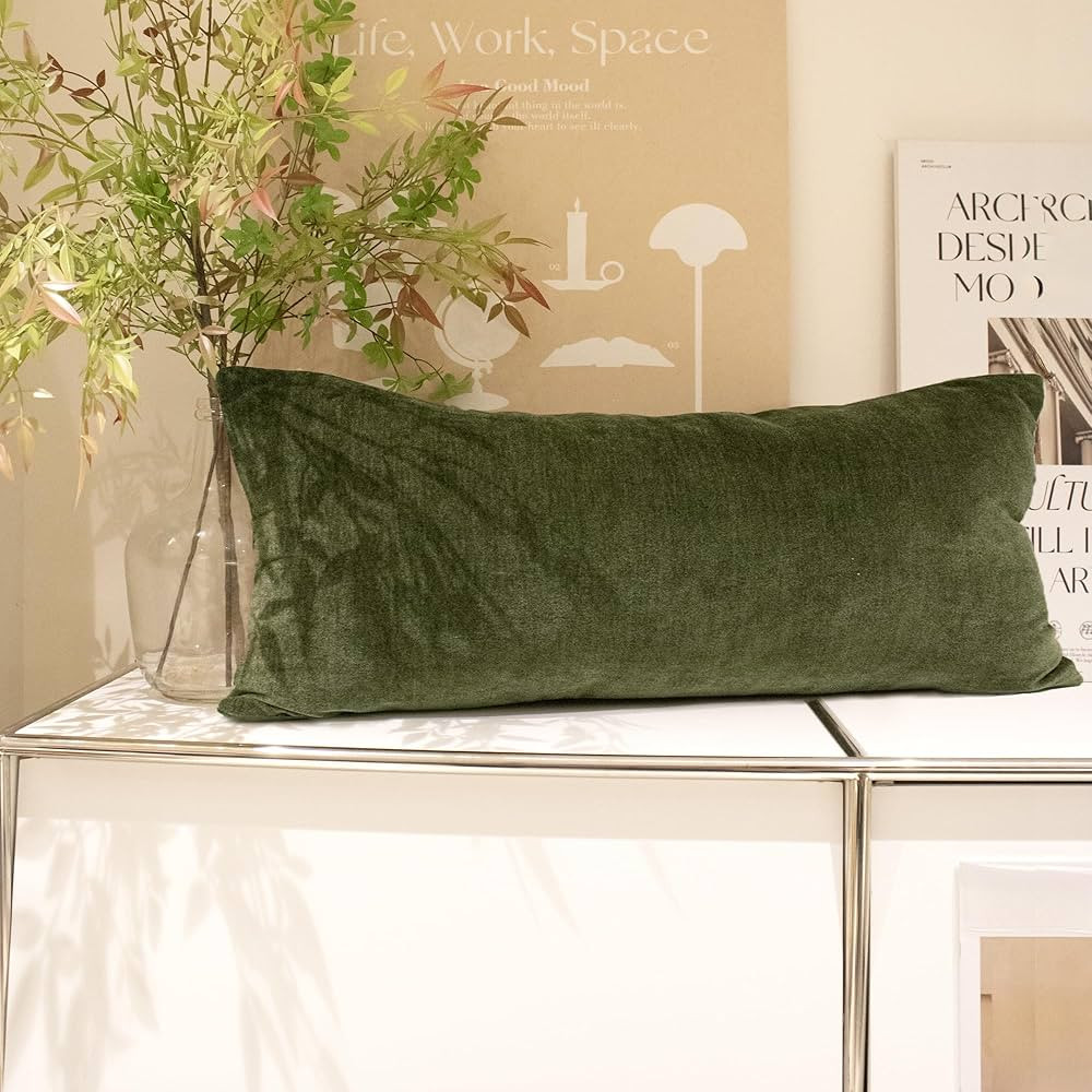 Chenille Lumbar Pillow Covers 14x36 inch, Moss Green Spring Decorative Pillow Covers, Farmhouse S... | Amazon (US)