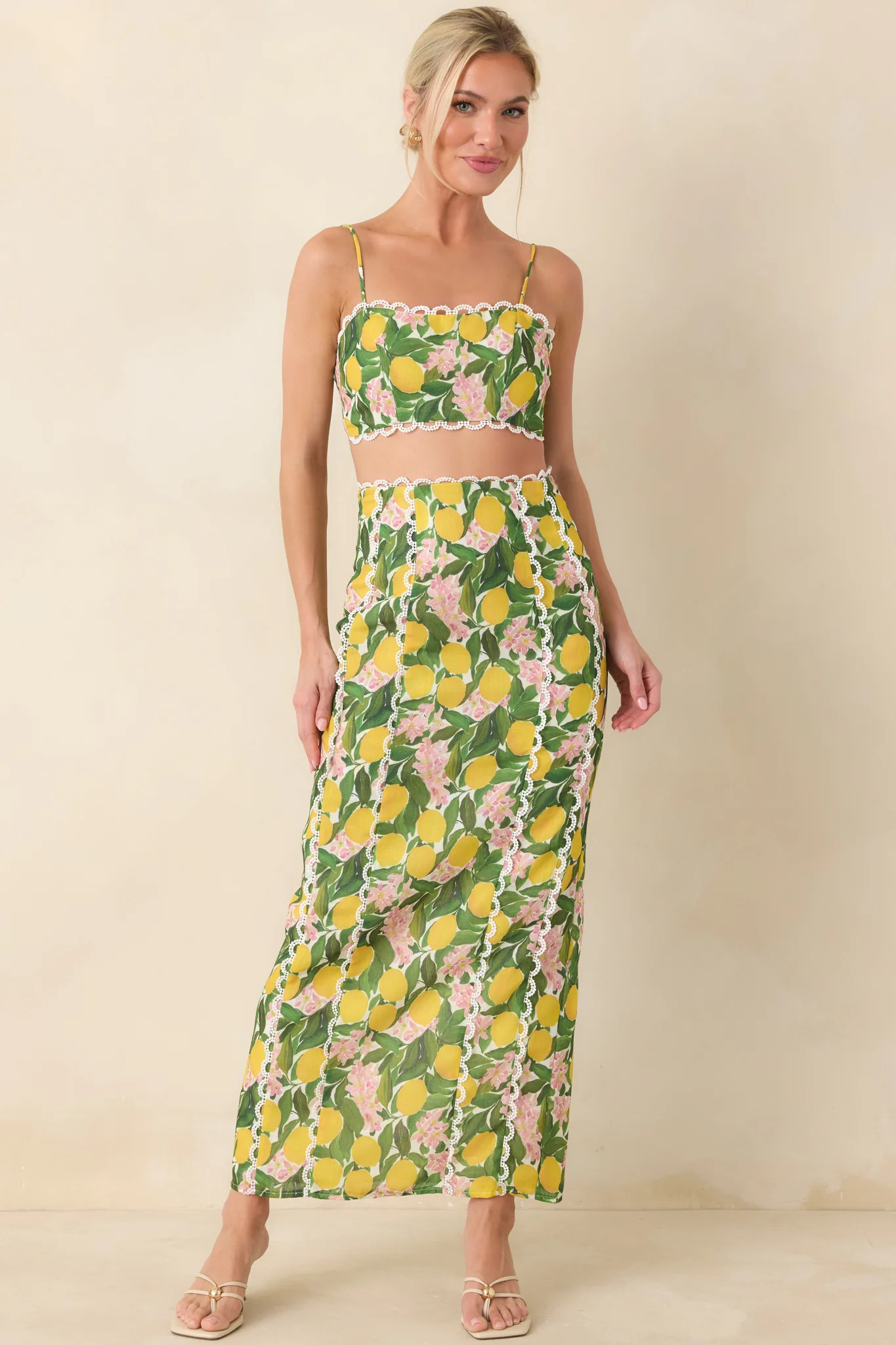 Sweetest in the Grove Yellow Multi Lemon Blossom Crop Top | Red Dress