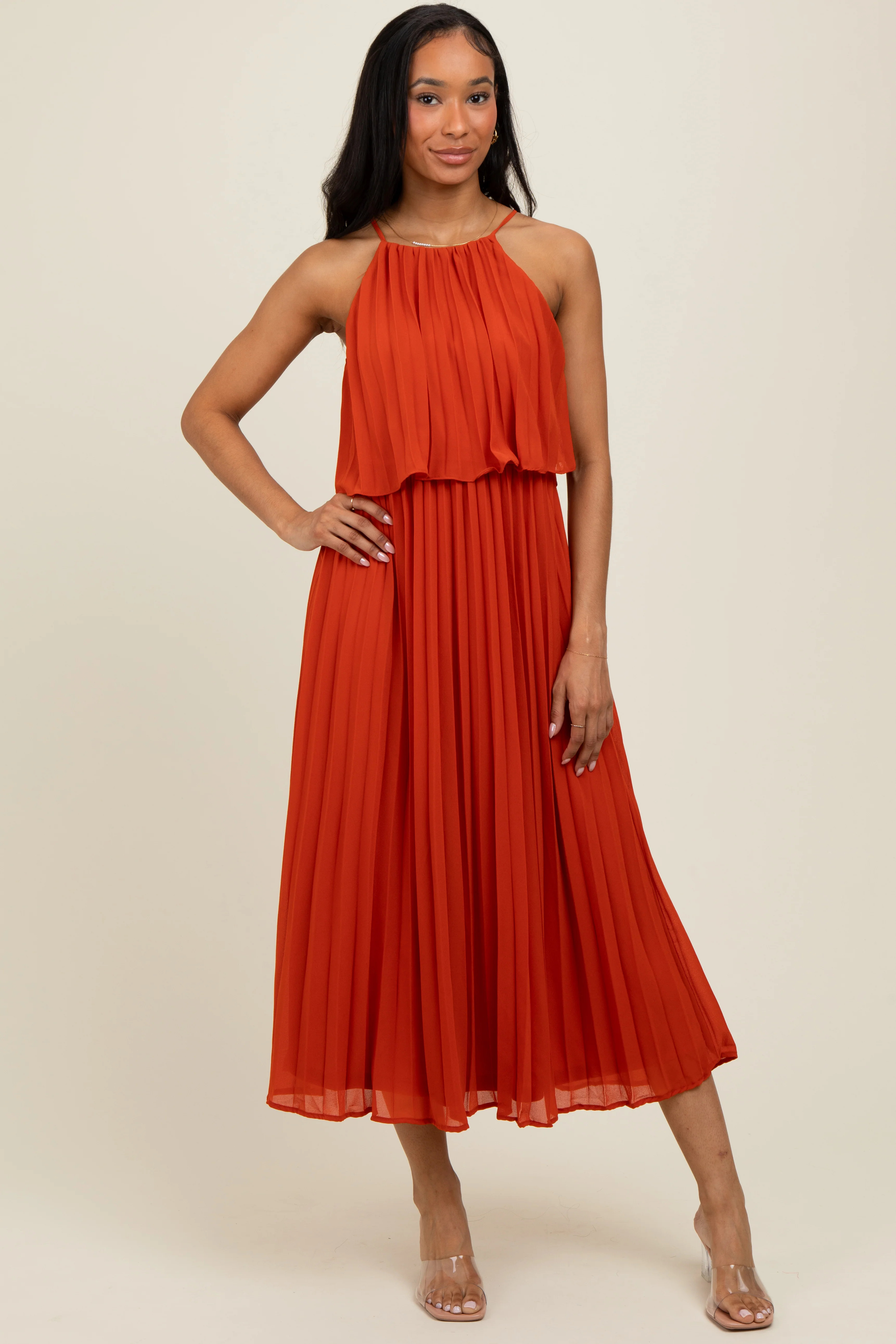 Rust Pleated Woven Midi Dress | PinkBlush Maternity