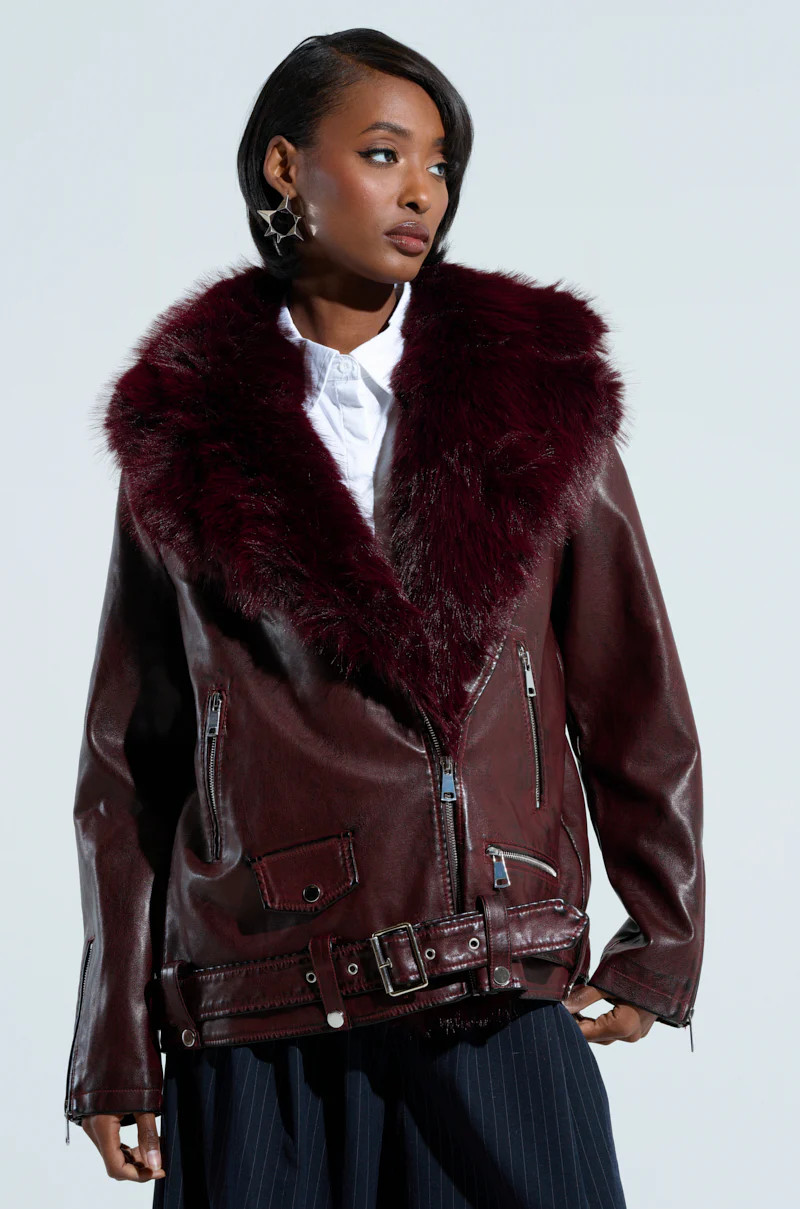 ON THE GO FUR TRIM MOTO IN BURGUNDY | AKIRA
