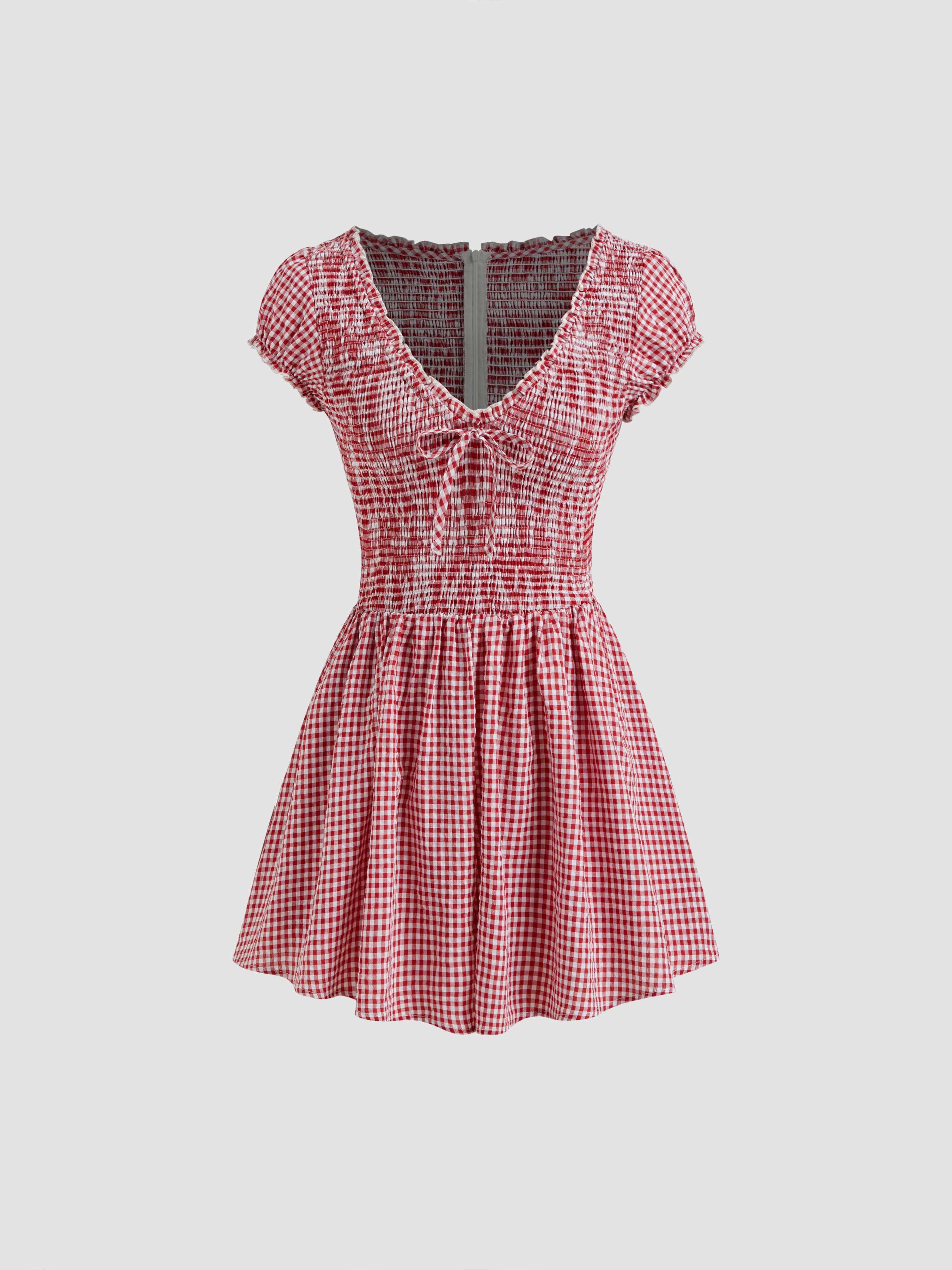 Woven Cotton-blend V-neck Gingham Shirred Puff Sleeve Romper For Daily Casual | Cider