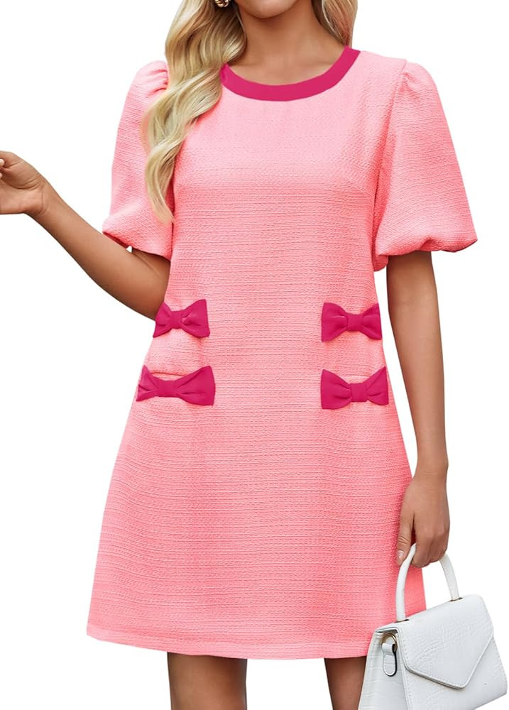 Wenrine Womens Summer Mini Dress Casual Tweed Short Sleeve Bow Work Business Dresses with Pockets | Amazon (US)