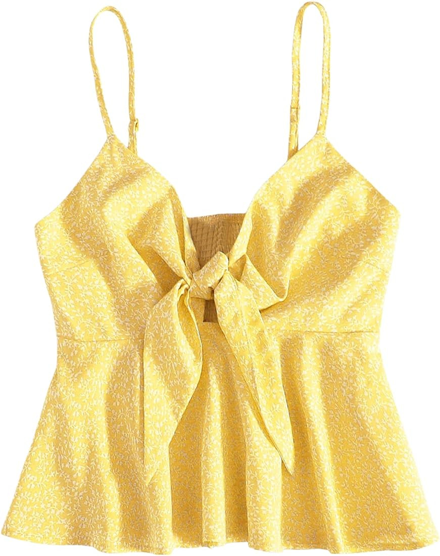 SheIn Women's Floral Smocked Peplum Crop Top Ruffle Boho Tie Front Sleeveless V Neck Shirred Cami | Amazon (US)