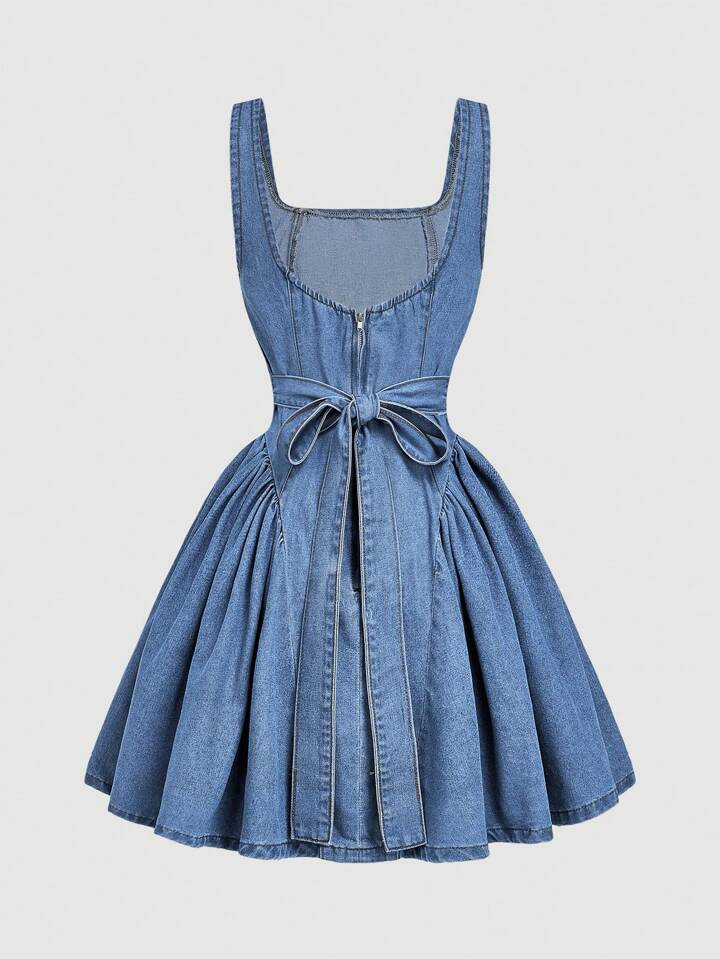 SHEIN MOD Women's Square Neck Sleeveless Pleated Casual Denim Shift Dress | SHEIN