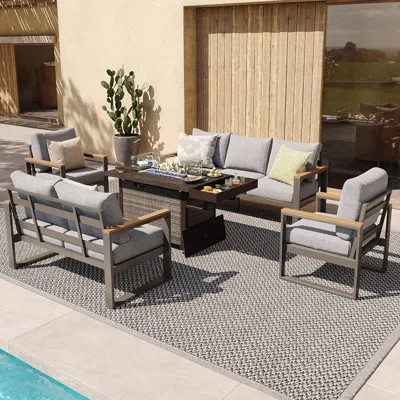 Outdoor 5-piece Patio Furniture Set With Fire Pit Table, 7-person Seating Sofa Set | Wayfair North America