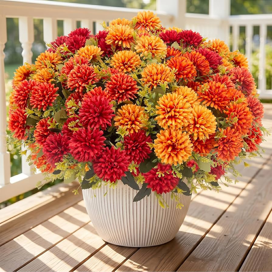 12 Pcs Artificial Fall Flowers for Outdoors, UV Resistant Fake Mums Chrysanthemums Marigolds, Aut... | Amazon (US)